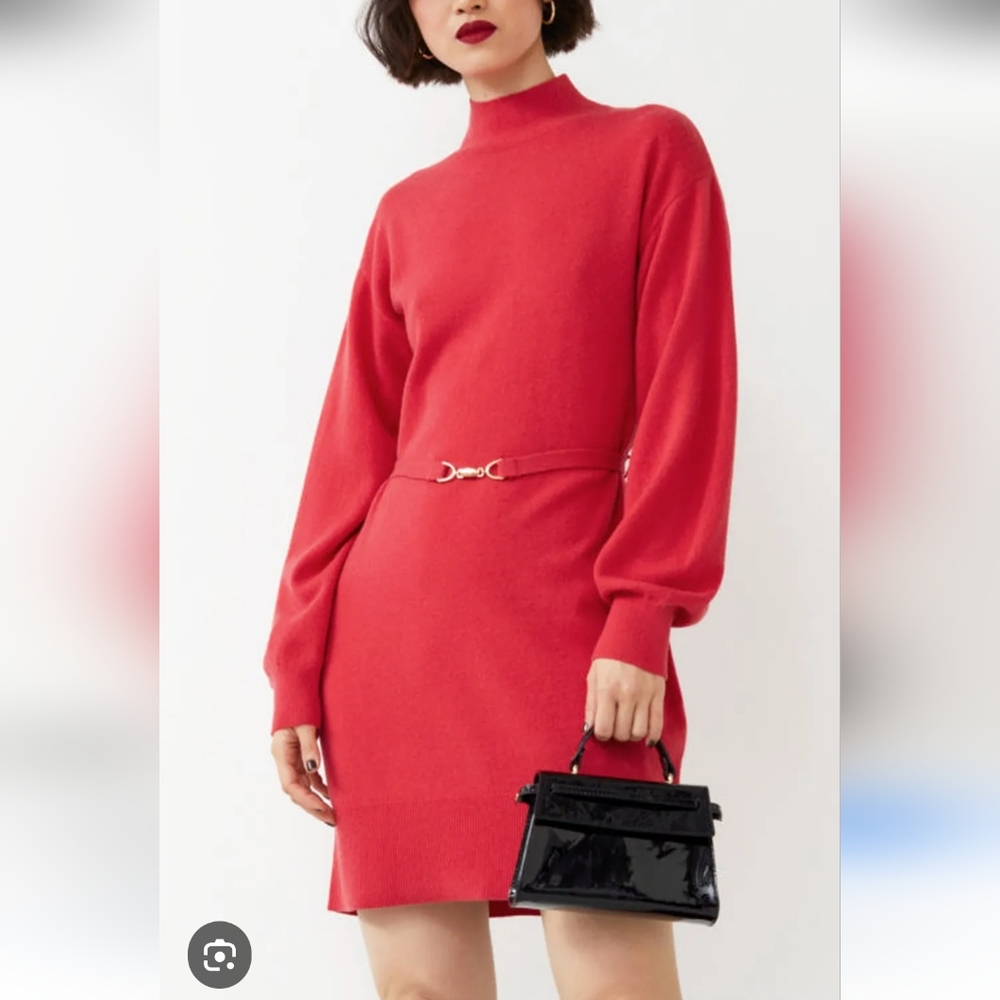 & Other Stories X Anthropologie Red Belted 100% Cashmere Mini Dress - Picture 2 of 12